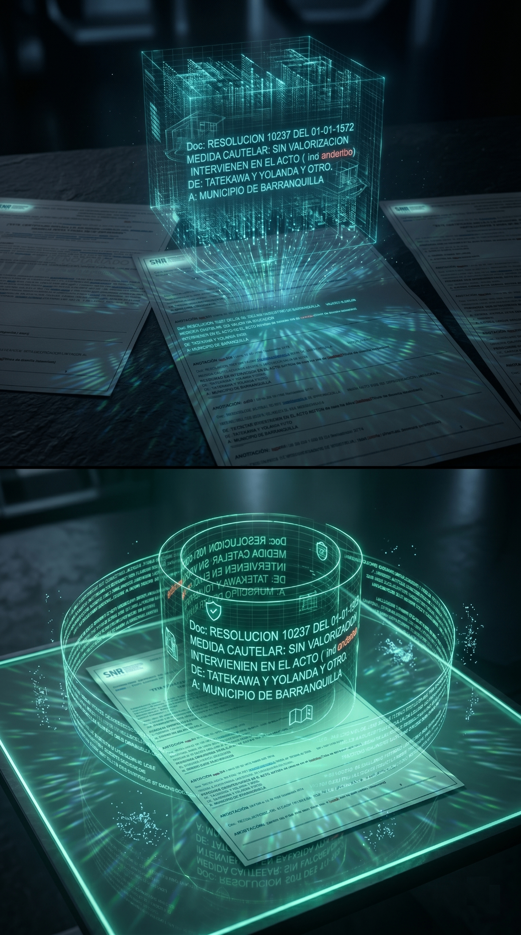 Visualización holográfica de un Certificado de Libertad y Tradición analizado por LegalTradix AI